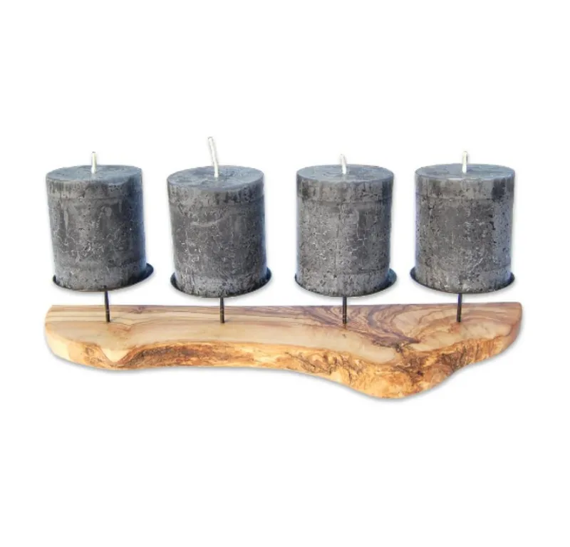 Olivenholz erleben Olivenholz erleben Kerzenständer ADVENT rustikal für 4 Kerzen, Olivenholz mit Metallteller als Halter (1 St), Sicherer Halt für Kerzen – rustikal und edel, Braun, – Produktbild 4 von 5