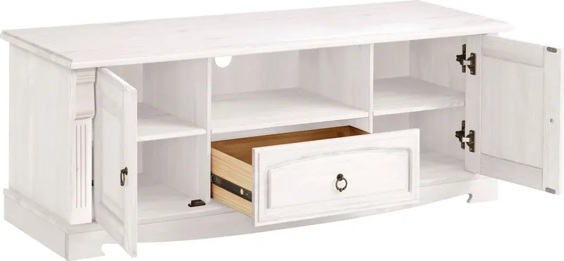 OTTO home Lowboard Anna, TV-Bank, TV-Schrank, im Landhaustil (Gesamtmaße (B/T/H): ca. 140/44/50 cm), TV-Board, Breite 140 cm, 2 Türen, 1 Schublade, Massivholz, FSC®, Weiß, – Produktbild 4 von 5