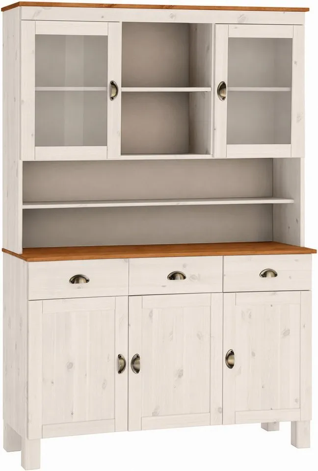 Home affaire Küchenbuffet Oslo 125 cm breit, aus massiver Kiefer, mit 2 Glastüren, Metallgriffe, Weiß, – Produktbild 2 von 5