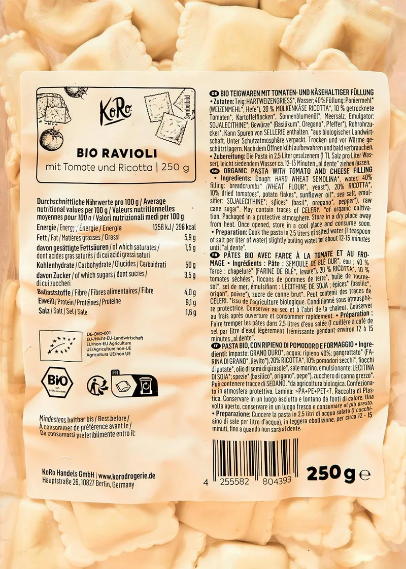 KoRo Bio Ravioli mit Tomate und Ricotta 12 x 250 g – Produktbild 4 von 5