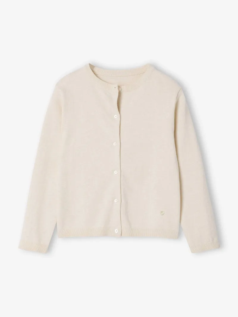 Vertbaudet Mädchen Strickjacke mit Glitzerherz BASIC, Beige meliert, – Produktbild 1 von 3
