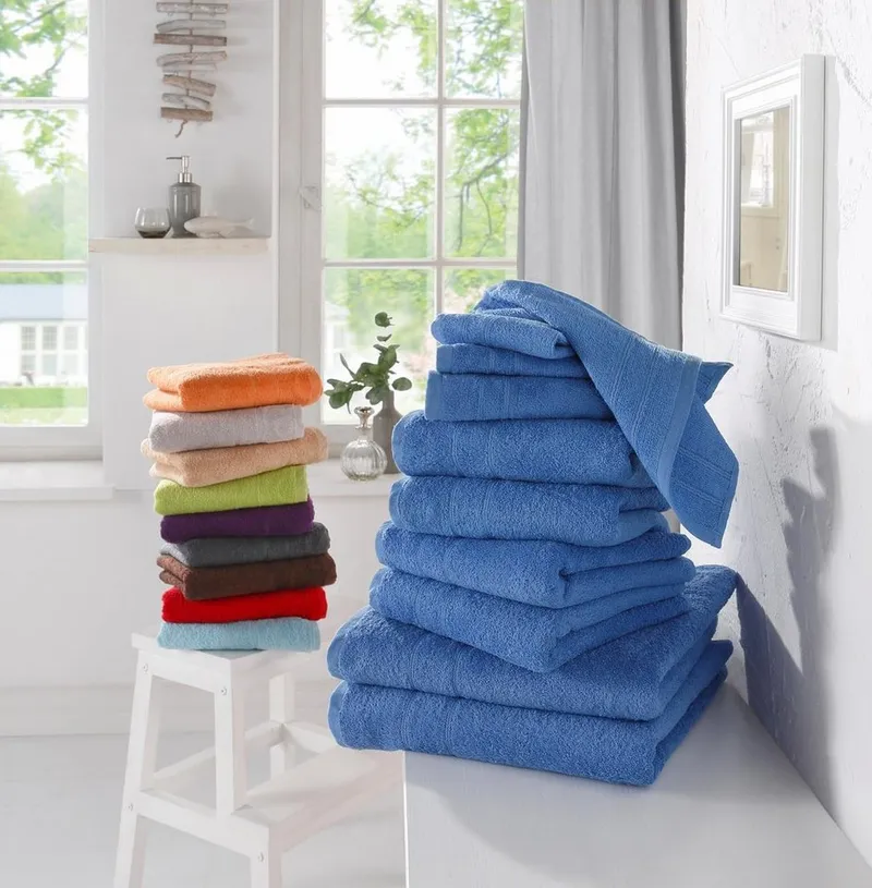 OTTO home Handtuch Set Inga, 3 Qualitäten, Duschtücher, Handtücher, Gästetücher, Seiftücher, Walkfrottier (10-St), Handtücher mit feiner Bordüre, 100% Baumwolle, Blau, – Produktbild 3 von 8