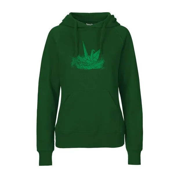 HANDGEDRUCKT HANDGEDRUCKT "Origami-Kranich" Frauen HOODY aus reiner Biobaumwolle (kbA), Bottlegreen, – Produktbild 1 von 4