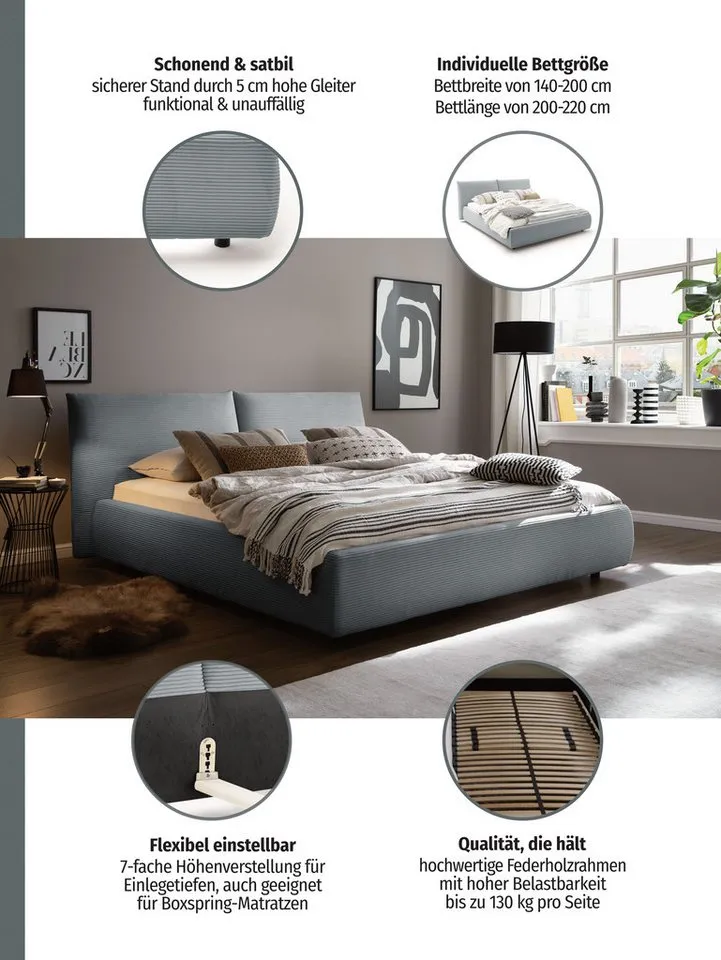 Home affaire Polsterbett Priora in 4 Breiten bis 200cm, auch in NaturLEDER, Cord, belastbar bis 280kg, auch Überlänge 220 cm, Weiß, – Produktbild 3 von 5