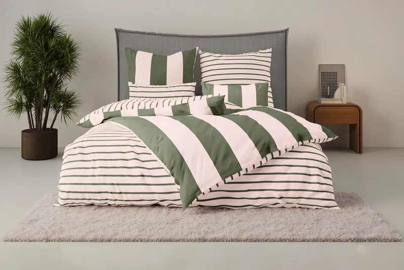 OTTO home Wendebettwäsche Sari Trend ab Gr. 135x200 cm, Bettwäsche-Set in modernen Farben, Linon, 3 teilig, Bettwäsche aus 100% Baumwolle mit Streifen, trendig, Rosa, – Produktbild 2 von 5
