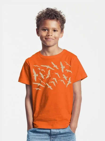 Peaces.bio - handbedruckte Biomode Peaces.bio - handbedruckte Biomode Bio-Kinder T-Shirt Möwen, Orange, – Produktbild 1 von 1