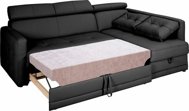 exxpo - sofa fashion Ecksofa Arles, Federkern, zeitlos, Breite 225cm, L-Form, wahlweise mit Bettfunktion und Bettkasten, inkl. Kopfteilverstellung, Schwarz, – Produktbild 1 von 4