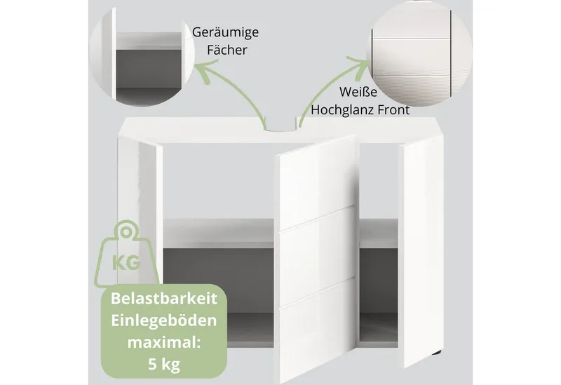 furnling Waschbeckenunterschrank Vera 82 cm breit, weiß hochglanz, 3-türig, grifflos, mit Siphon-Ausschnitt, Weiß, – Produktbild 5 von 5