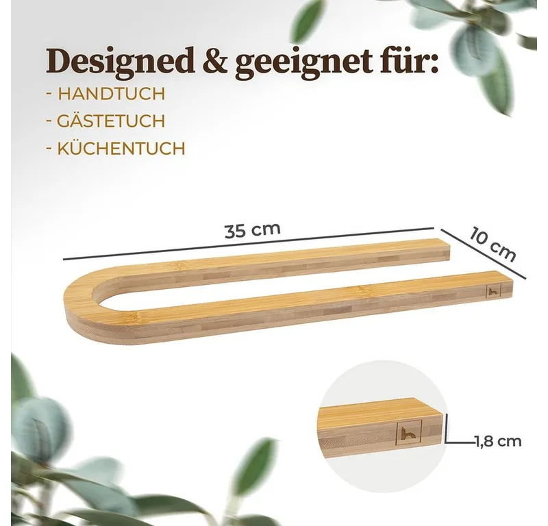 HENNEZ Handtuchhalter Handtuchstange ohne Bohren - Handtuchhalter Wand, Handtuchhalter Bad aus Bambus, Braun, – Produktbild 4 von 5