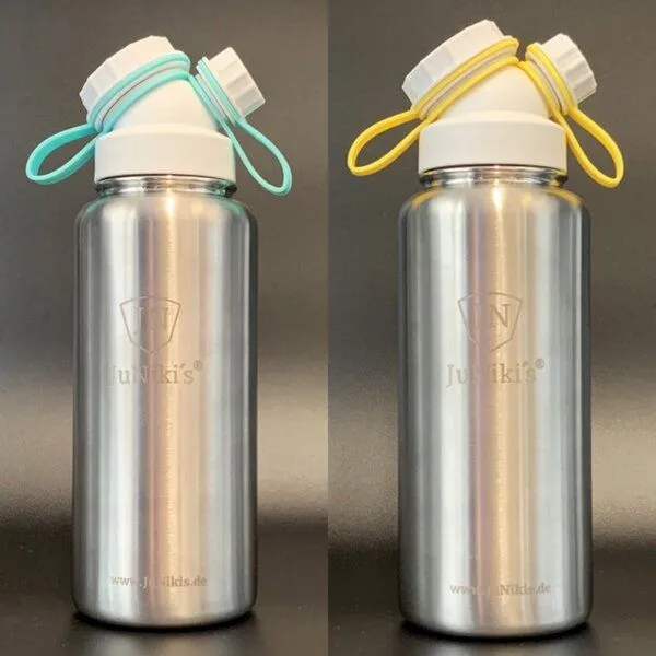 JN JuNiki's JN JuNiki's eco line isolierte Edelstahl Trinkflasche 1 Liter mit Deckelhaltern in Türkis + Gelb zum Wechseln – Produktbild 1 von 2