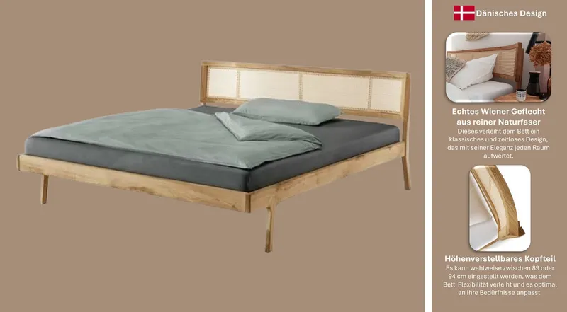 OTTO home Massivholzbett Hällevik, Kopfteil höhenverstellbar, Eiche massiv, mit Wiener Geflecht (mehrere Breiten), skandinavischer Stil, Made in EU, FSC®-zertifiziert, sehr stabil, Beige, – Produktbild 3 von 8