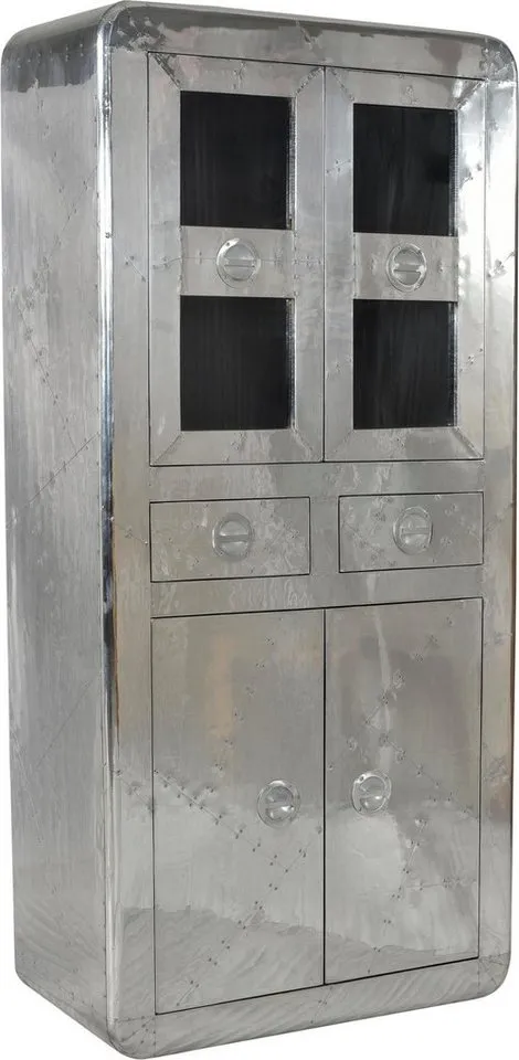 SIT Vitrine Pushkar aus Mangoholz mit 4 Türen & 2 Schubladen Futuristischer Aluminium-Look mit dekorativen Zierschrauben, Silberfarben, – Produktbild 4 von 5