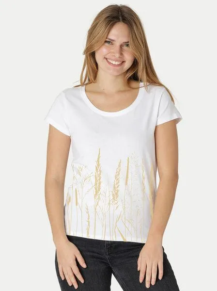 Peaces.bio - handbedruckte Biomode Peaces.bio - handbedruckte Biomode Bio-Damen-Loosefit-T-Shirt Gräservielfalt, Weiss, – Produktbild 1 von 3