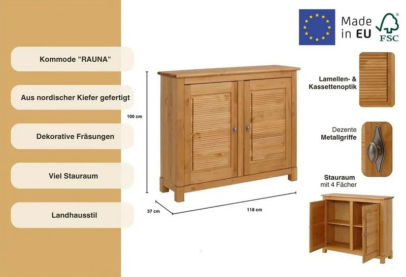 OTTO home Kommode Rauna, Breite 118 cm, aus massiver Kiefer, FSC®-zertifiziert, Braun, – Produktbild 3 von 5
