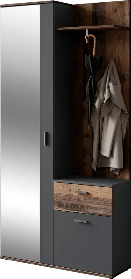 byLIVING Kompaktgarderobe Jakob mit großem Spiegel und Ablage, Breite 97 cm, Grau, – Produktbild 2 von 5