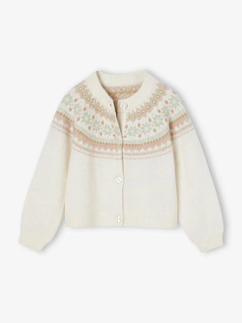 Vertbaudet Mädchen Cardigan mit Norwegermuster 42% Recycling-Polyester GRS-zertifiziert, Wollweiß, – Produktbild 2 von 4