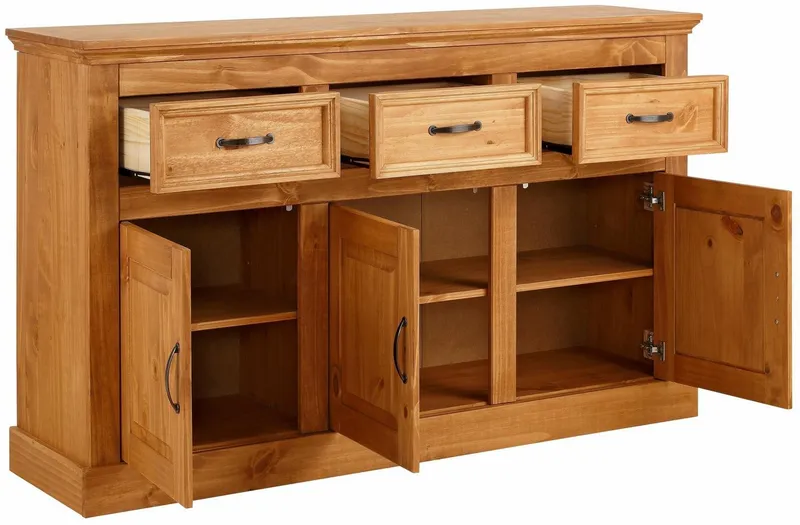 OTTO home Sideboard Selma Kommode mit 3 Türen, 3 Schubläden und 6 Fächer, Metallgriffe, aus massivem Kiefernholz, 3 Einlegeböden, mit dekorativer Fräsung, Beige, – Produktbild 5 von 5