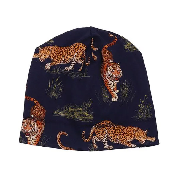 Walkiddy Beanie Dunkelblau Tiger & Leopard Allover Bio-Baumwolle GOTS weich – Walkiddy – Produktbild 1 von 2