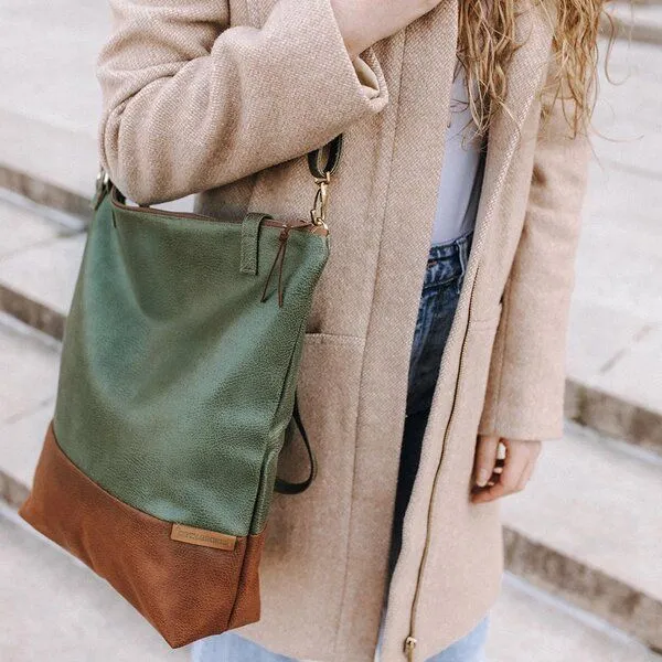 BOWLEANIES TASCHEN BOWLEANIES TASCHEN Shopper & Umhängetasche aus Lederfaserstoff mit Reißverschluss, Khaki & braun, – Produktbild 3 von 4