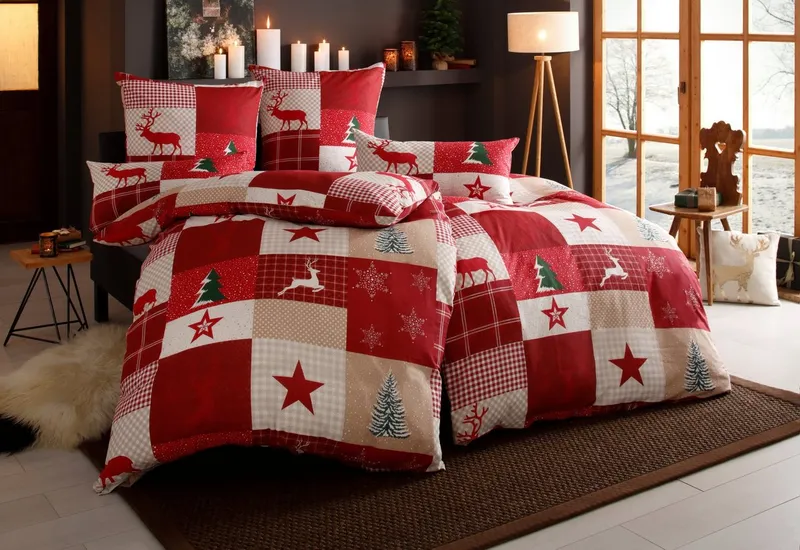 OTTO home Bettwäsche Nicholas, Linon, 2 teilig, Weihnachtsbettwäsche, Winter, in 3 Qualitäten verfügbar, Rot, – Produktbild 1 von 5