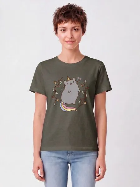 watapparel watapparel T-Shirt Frauen Unicorn Cat, Khaki, – Produktbild 2 von 2
