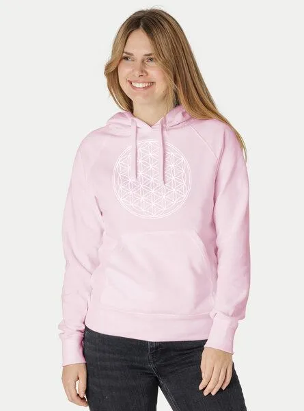 Peaces.bio - handbedruckte Biomode Peaces.bio - handbedruckte Biomode Bio-Damen-Kapuzensweater Die Blume des Lebens, Rosa, – Produktbild 2 von 3