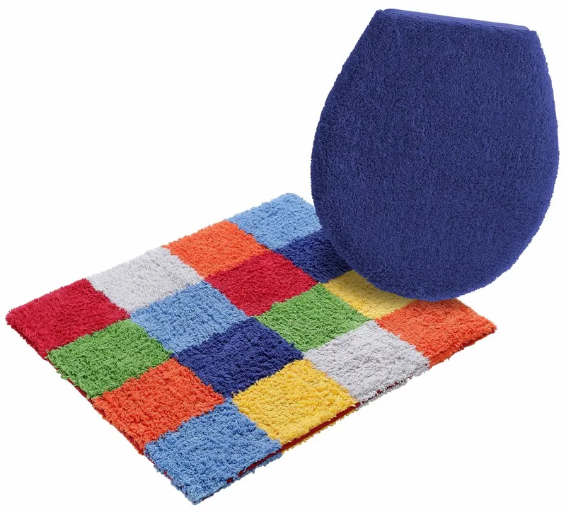 OTTO home Badematte Kira, Badvorleger, Badezimmer Teppich, Kästchen, Höhe 12 mm, beidseitig nutzbar, strapazierfähig, fußbodenheizungsgeeignet, Baumwolle (Bio-Baumwolle), 2-tlg. Hänge-WC Set, bunt, Badteppich, Badematten auch als 2 teiliges Set erhältlich, Bunt, – Produktbild 1 von 5