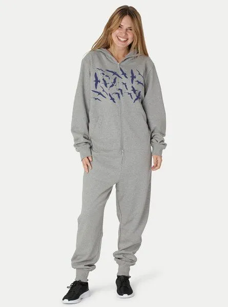 Peaces.bio - handbedruckte Biomode Peaces.bio - handbedruckte Biomode Jumpsuit Möwen Damen, Hellgrau, – Produktbild 1 von 2