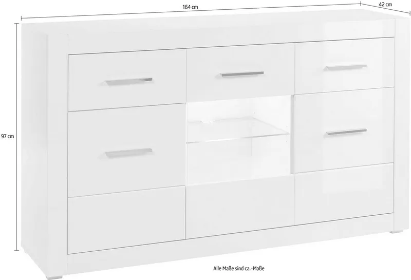 Home affaire Sideboard Bianco, moderner Schrank, Kommode in Weiß Hochglanz, silberne Metallgriffe, ausreichend Stauraum, zeitlos, 164 cm breit, Weiß, – Produktbild 5 von 5