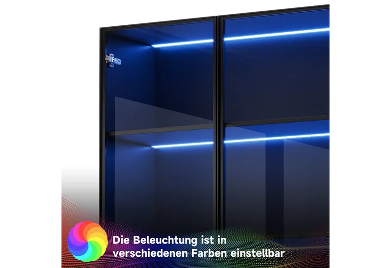 Merax Glasvitrine mit LED-Beleuchtung (60x40x160cm, 1-St., für Wohnzimmer Schlafzimmer) Vitrine mit 2 Schubladen, Hochschrank Stehend Vitrinenschrank, Schwarz, – Produktbild 3 von 4