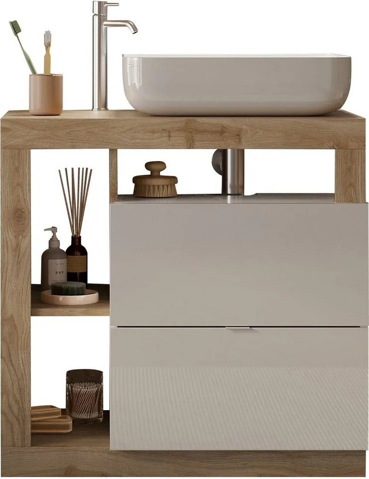 welltime Waschtisch Hamburg, 2 Schubkästen, Breite 79 cm, Soft-Close, inkl. Keramik-Aufsatzbecken, Weiß, – Produktbild 3 von 8