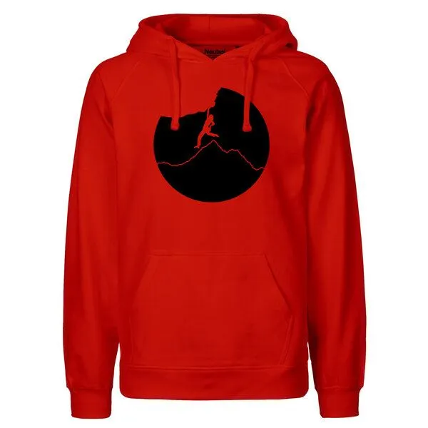 HANDGEDRUCKT HANDGEDRUCKT "Klettern" Männer Hoody aus reiner Biobaumwolle (kbA), Rot, – Produktbild 1 von 3
