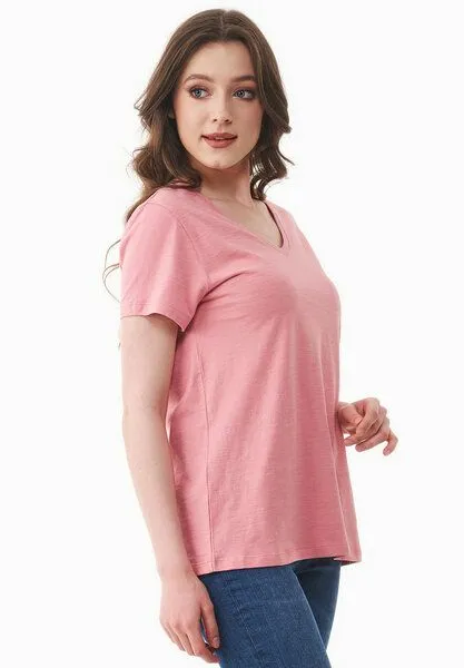 ORGANICATION ORGANICATION Damen Basic T-Shirt aus Bio-Baumwolle mit V-Ausschnitt, Flamingo pink, – Produktbild 3 von 4