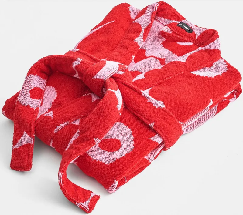 Marimekko Bademantel UNIKKO, Midilänge, Frottier, Kimono-Kragen, Gürtel, 100% Baumwolle, angenehm weich, Rosa|rot, – Produktbild 1 von 4