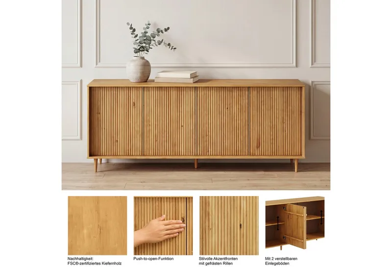 OTTO home Sideboard Malmedy Front mit gefrästen Rillen, Kommode aus massivem Kiefernholz, Push-to-open, FSC, Breite 200 cm, Braun, – Produktbild 3 von 5