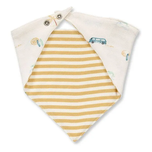 Sense Organics Sense Organics Baby Dreieckstuch, Modell BIB, Retro-bus druck / butterblumengelb-weiß geringelt, – Produktbild 4 von 5