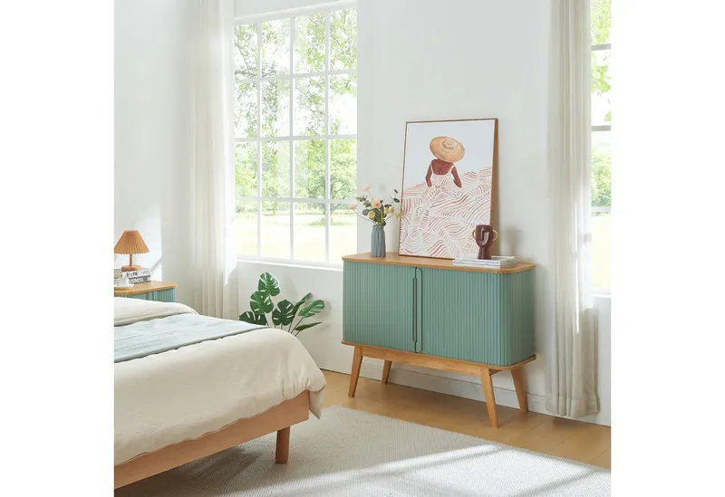 en.casa Kommode, »Tysvær« mit 2 Schiebetüren 110 x 40 x 80 cm Bambus/Blau, Blau, – Produktbild 1 von 4