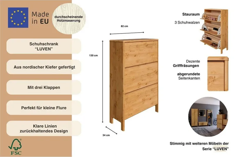 OTTO home Schuhschrank Luven FSC® zertifiziertes Massivholz, mit 3 Klappen, Beige, – Produktbild 3 von 5