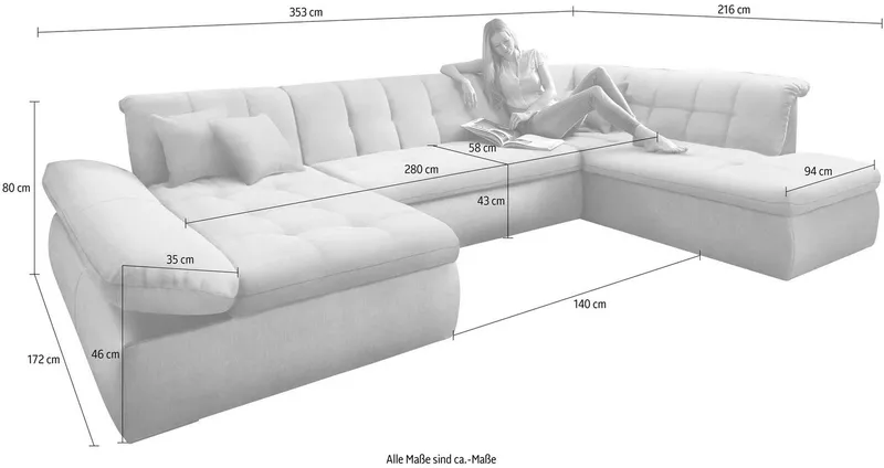 DOMO collection Wohnlandschaft NMORIC im XXL-Format, 353x216x80 cm, inkl. Zierkissen U-Form, wahlweise mit Bettfunktion und Armlehnenverstellung, Braun, – Produktbild 4 von 8