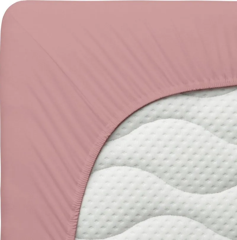 Schlafgut Schlafgut Spannbettlaken PREMIUM Mako-Zwirn-Jersey, 220 g/m², 95% Bio-Baumwolle, 5% Elasthan, Mako-Zwirn-Jersey, Gummizug: rundum, (1 Stück), Bettlaken bis 30 cm Höhe, PREMIUM-Qualität langlebig, perfekter Sitz, Lila, – Produktbild 4 von 5