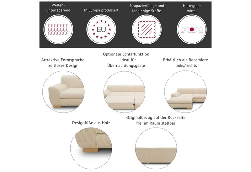 Home affaire Ecksofa Nika zeitlos und elegant, L-Form, wahlweise mit Bettfunktion, auch in Cord, Grau, – Produktbild 1 von 5