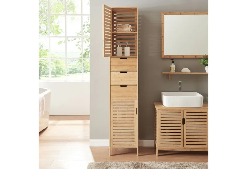 en.casa Hochschrank »Boksereys« mit 2 Türen und 3 Schubladen Bambus, Beige, – Produktbild 3 von 4