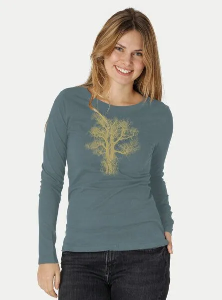 Peaces.bio - handbedruckte Biomode Peaces.bio - handbedruckte Biomode Bio-Damen-Langarmshirt Chestnut, Petrol, – Produktbild 2 von 3