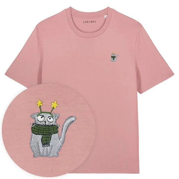 LIGARTI Besticktes T-Shirt – Babette die Winter-Katze – LIGARTI Tiermanufaktur, Altrosa, – Produktbild 1 von 3