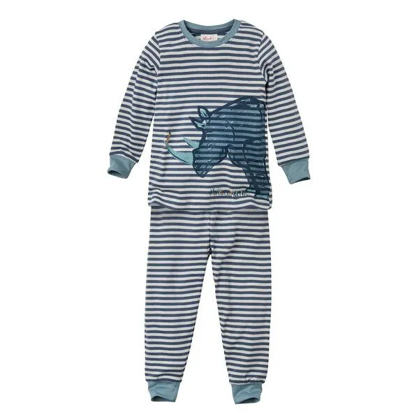 People Wear Organic People Wear Organic Pyjama, blau geringelt "Nashorn", Bio-Baumwolle, Dunkelblau geringelt, – Produktbild 1 von 4