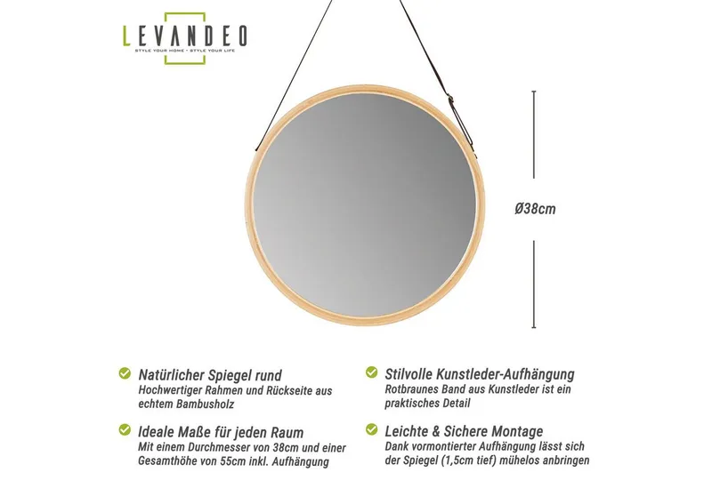 Levandeo® Wandspiegel, Wandspiegel 38cm Rund Bambus Holz Kunstleder Flurspiegel Wanddeko, Natur, – Produktbild 3 von 5