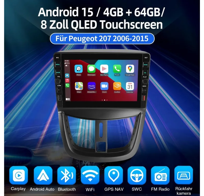 ESSGOO Für Peugeot 207 CC Carplay Navi WiFi Bluetooth Autoradio (RDS, Digitalradio (DAB), FM), Schwarz, – Produktbild 2 von 5