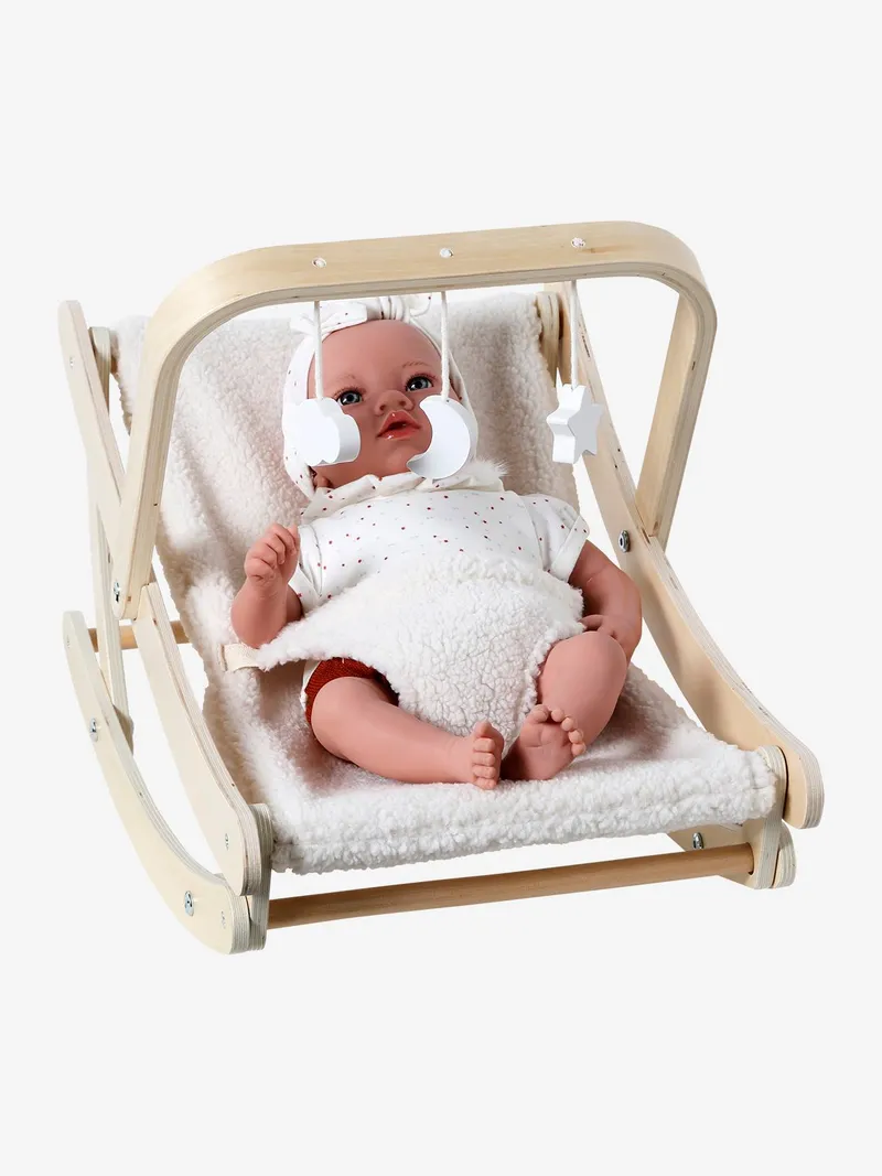 Vertbaudet Puppen-Wippe MINI COCOON aus Holz FSC®, Braun/wollweiß teddyfleece, – Produktbild 4 von 4