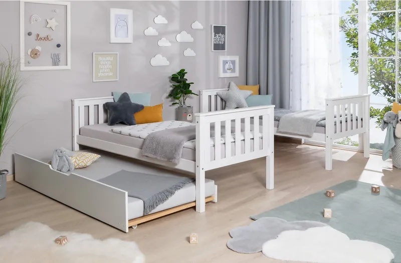 TICAA TICAA Etagenbett Sammy, umbaubar zu 2 Einzelbetten, edles Design im Landhausstil (90x200cm), inklusive Schubkasten, 2x Rollrost, zertifiziertes Massivholz Kiefer, Weiß, – Produktbild 4 von 5