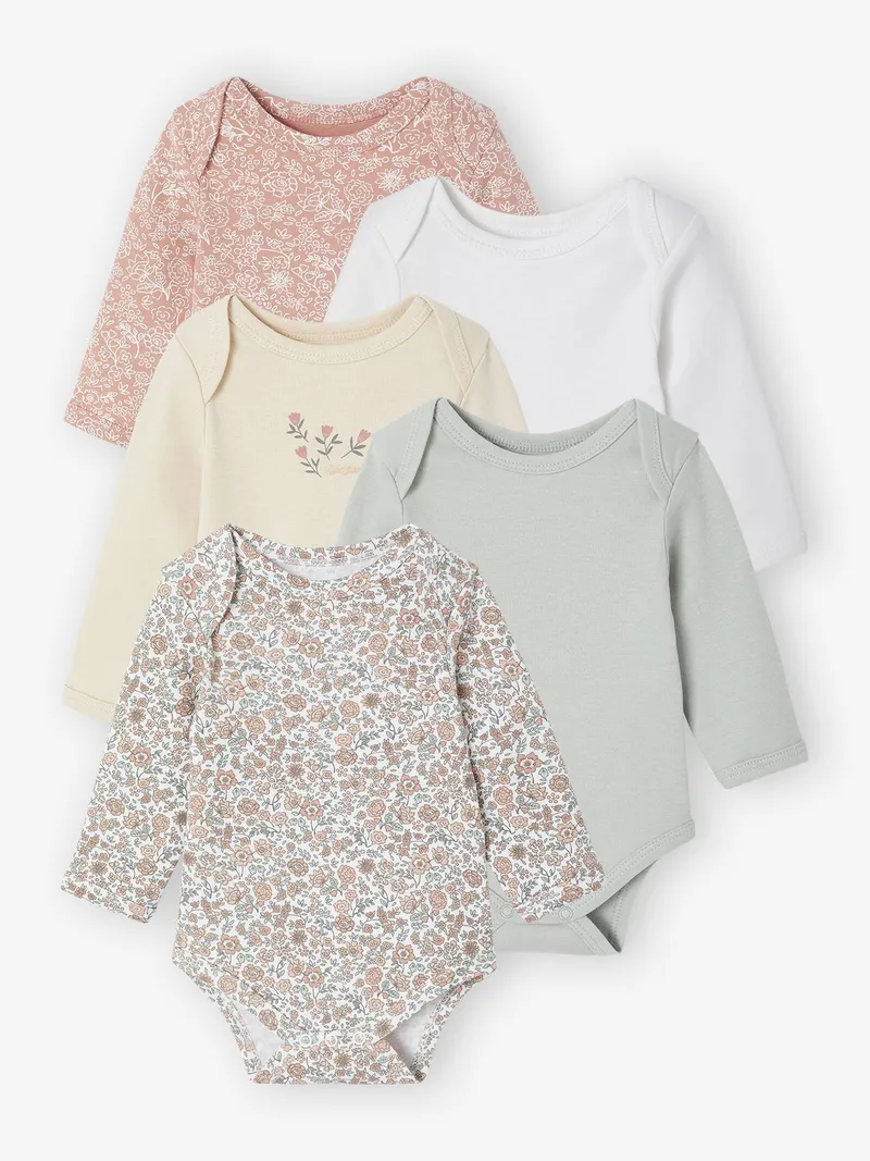 Vertbaudet Vertbaudet 5er-Pack Baby Schlupfbodys mit Blumen, Salbeigrün, – Produktbild 1 von 3